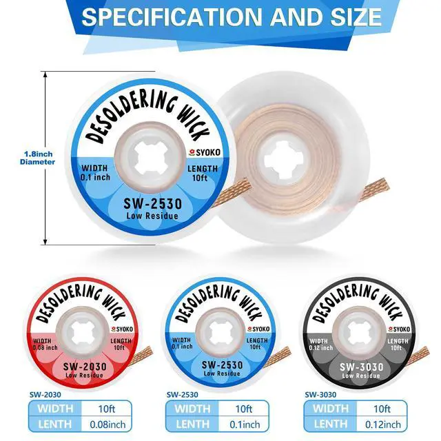 Alt view image 2 of 6 - 3 Pack Desoldering Wick, 10ft/3M Long 2.5mm Wide No-Clean Solder Removal Braid for Solder Cleaning & Electronic Component Disassembly, Model SW-2530
