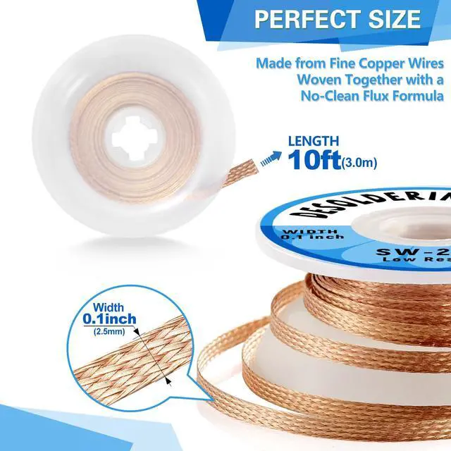 Alt view image 3 of 6 - 3 Pack Desoldering Wick, 10ft/3M Long 2.5mm Wide No-Clean Solder Removal Braid for Solder Cleaning & Electronic Component Disassembly, Model SW-2530