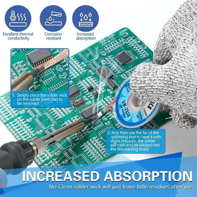 Alt view image 5 of 6 - 3 Pack Desoldering Wick, 10ft/3M Long 2.5mm Wide No-Clean Solder Removal Braid for Solder Cleaning & Electronic Component Disassembly, Model SW-2530