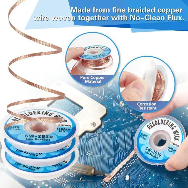 Alt view image 4 of 6 - 3 Pack Desoldering Wick, 10ft/3M Long 2.5mm Wide No-Clean Solder Removal Braid for Solder Cleaning & Electronic Component Disassembly, Model SW-2530