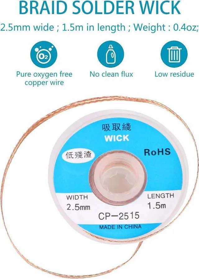 Alt view image 2 of 3 - Solder Wicks, No-Clean Solder Braided Wicks Desoldering Wicks Solder Copper Wire Removal Tool, 2.5mm Width, 1.5 Meters Length, Roll of 1