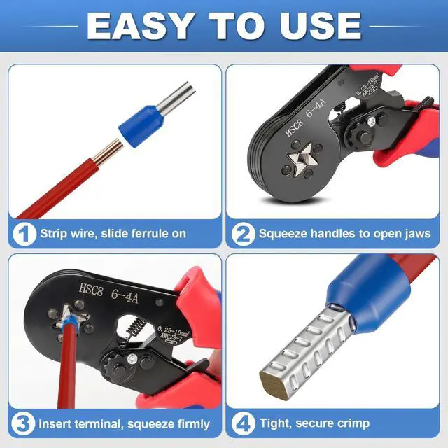 Alt view image 6 of 7 - Handy Ferrule Crimping Tool for 23-7 AWG Wire Terminals, Square Wire Crimper with Self-Adjusting Ratchet, Ferrule Crimpers for Electrical and Automotive Wiring