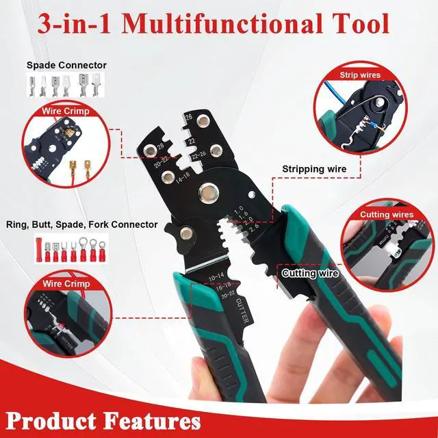 Alt view image 2 of 6 - Wire Crimping Tool, Multifunctional stripping crimping pliers Wire stripper and crimping tool for Insulated Bare/Heat Shrink connectors Electrical Connectors(22-10 AWG)