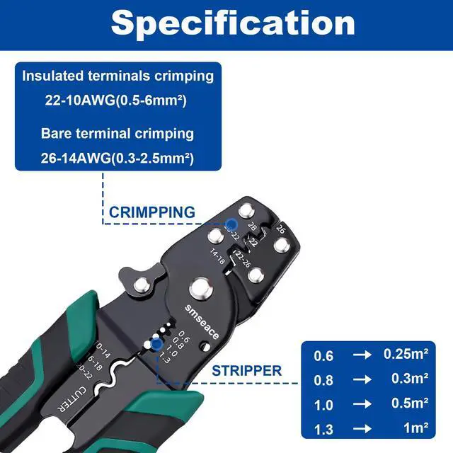 Alt view image 5 of 6 - Wire Crimping Tool, Multifunctional stripping crimping pliers Wire stripper and crimping tool for Insulated Bare/Heat Shrink connectors Electrical Connectors(22-10 AWG)