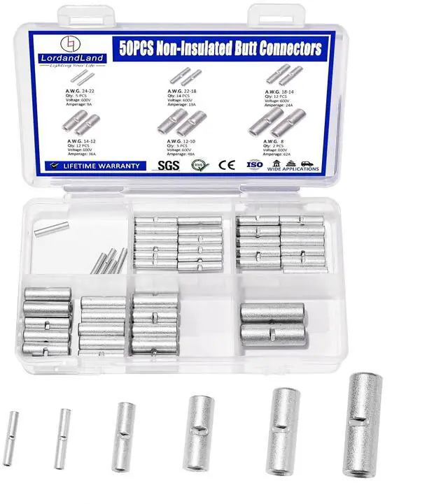 Main image of 50PCS Non Insulated Butt Connectors 24-8 AWG,Uninsulated Crimp Wire Connectors Electrical Seamless Crimping Terminals,Bare Copper Crimp Splice Terminal for 22,20,18,16,12,8 Gauge Wire