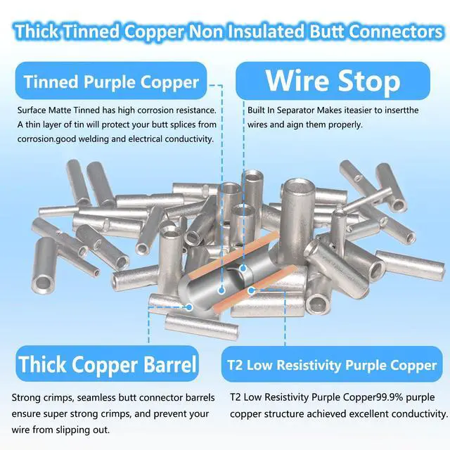 Alt view image 3 of 6 - 50PCS Non Insulated Butt Connectors 24-8 AWG,Uninsulated Crimp Wire Connectors Electrical Seamless Crimping Terminals,Bare Copper Crimp Splice Terminal for 22,20,18,16,12,8 Gauge Wire