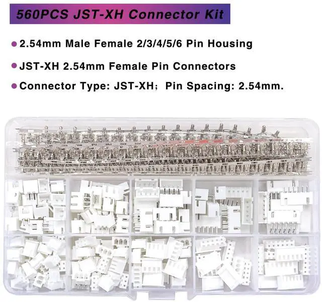 Alt view image 2 of 7 - 560PCS 2.54mm JST-XH Connector Kit 2.54mm 2/3/4/5/6 Pin Housing Female and Male Adapter Cable Connector Plug,JST Connector Female Pin Head Connector Adapter Plug