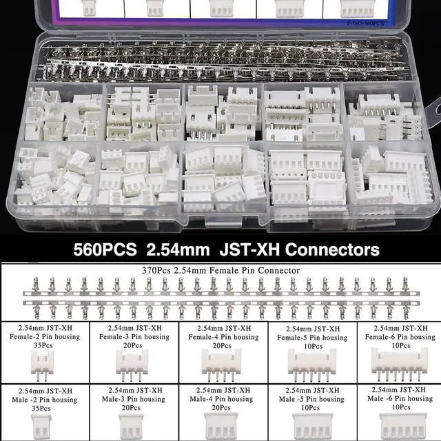 Alt view image 4 of 7 - 560PCS 2.54mm JST-XH Connector Kit 2.54mm 2/3/4/5/6 Pin Housing Female and Male Adapter Cable Connector Plug,JST Connector Female Pin Head Connector Adapter Plug
