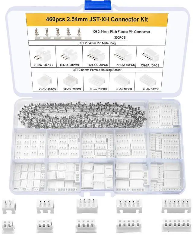Main image of 460 Pcs JST-XH 2.54mm Connector Kit, 2.54mm Male and Female 2/3/4/5/6 Pin Header Housing Connector Adapter Plug, JST-XH Terminal Wires Cables Socket Connectors Kit