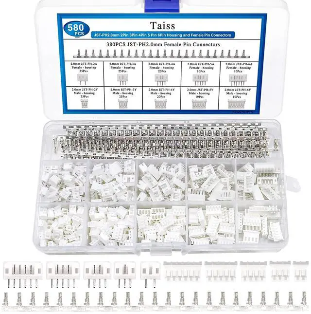 Main image of 580PCS JST PH Connector kit 2.0mm 2/3/4/5/6Pin Housing,Female and Male Adapter Cable Connector Plug,PH2.0mm Female Pin Connectors,JST Connector F-066-580PCS