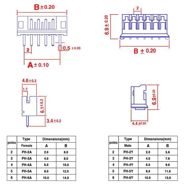 Alt view image 2 of 7 - 580PCS JST PH Connector kit 2.0mm 2/3/4/5/6Pin Housing,Female and Male Adapter Cable Connector Plug,PH2.0mm Female Pin Connectors,JST Connector F-066-580PCS