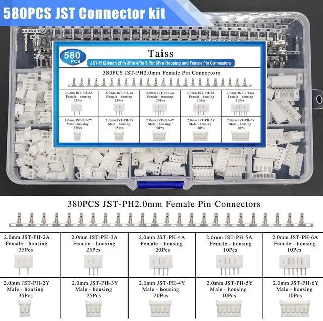 Alt view image 3 of 7 - 580PCS JST PH Connector kit 2.0mm 2/3/4/5/6Pin Housing,Female and Male Adapter Cable Connector Plug,PH2.0mm Female Pin Connectors,JST Connector F-066-580PCS