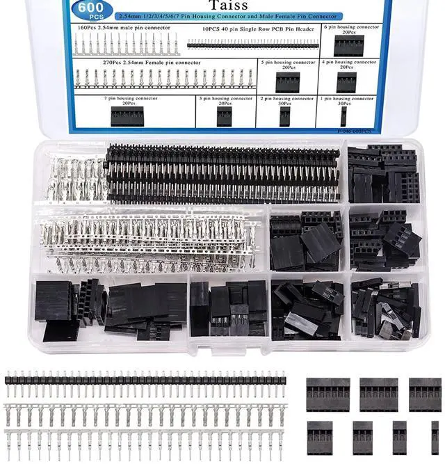 Main image of 600PCS Dupont Connector Kit - 2.54mm 1/2/3/4/5/6/7 Pin Housing Connector and Male/Female Crimp Pin, Jumper Wire Cable