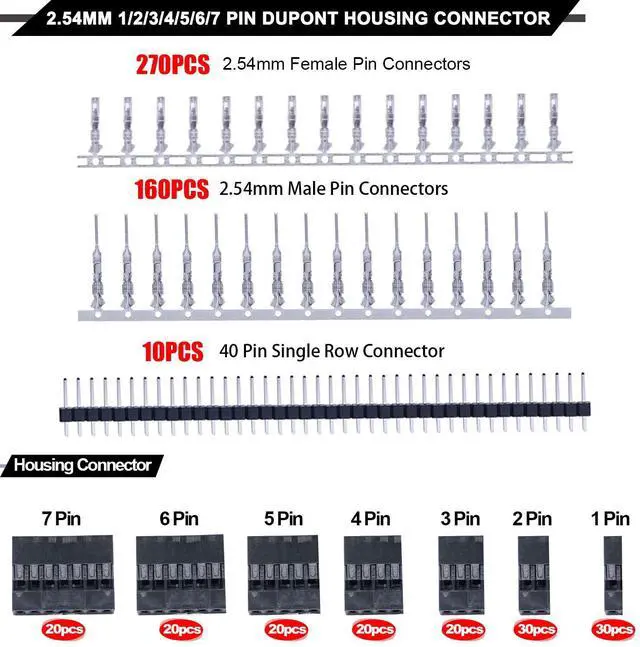 Alt view image 2 of 6 - 600PCS 2.54mm Connector Kit 1/2/3/4/5/6/7 Pin Housing Connector with 2.54 Male and Female Terminals Crimping Connectors and 2.54mm 40 Pin Single Row Connectors Set