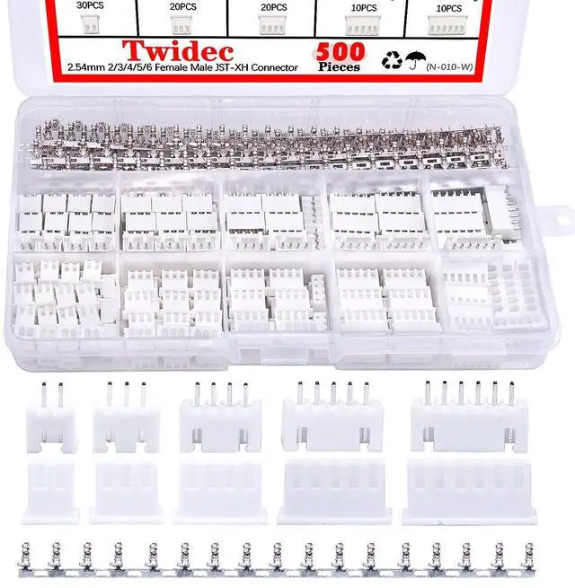 Main image of 500PCS 2.54mm JST Connector Kit with 2/3/4/5/6 Male and Female Pin Housing Connector Adapter Plug and 2.54mm Female Pin Header Wire Terminal Kit N-010-W