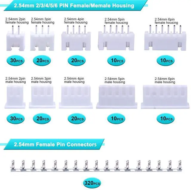 Alt view image 2 of 6 - 500PCS 2.54mm JST Connector Kit with 2/3/4/5/6 Male and Female Pin Housing Connector Adapter Plug and 2.54mm Female Pin Header Wire Terminal Kit N-010-W