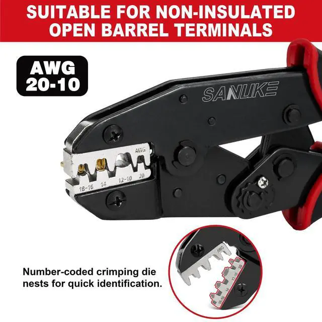 Alt view image 2 of 6 - Ratchet Crimping Tool for Non-Insulated Open Barrel Terminals & Receptacles, AWG 22-10 Ratcheting Wire Crimper, Electrical Terminal Crimp Pliers