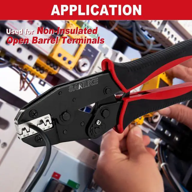 Alt view image 6 of 6 - Ratchet Crimping Tool for Non-Insulated Open Barrel Terminals & Receptacles, AWG 22-10 Ratcheting Wire Crimper, Electrical Terminal Crimp Pliers