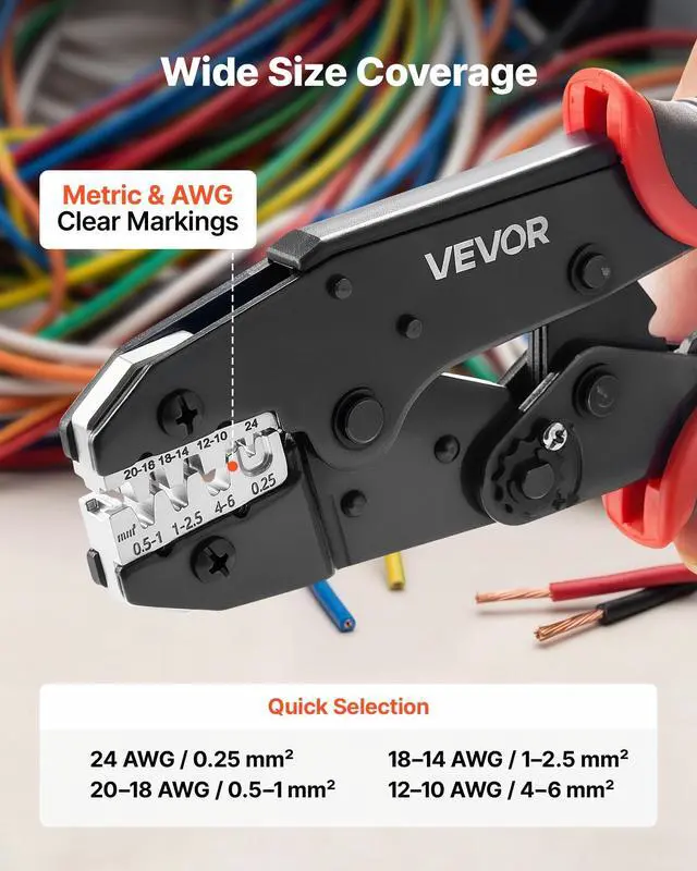 Alt view image 2 of 7 - Crimping Tool, 24-10 AWG Ratcheting Wire Crimper Tool, Labor-Saving Electrical Terminal Crimp Pliers with Clear Metric & AWG Markings, Quick Release, Adjustable Pressure for Multiple Terminals