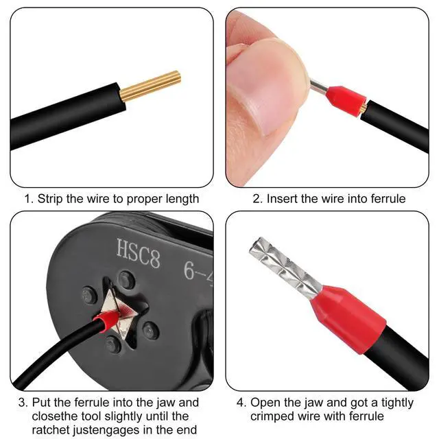 Alt view image 4 of 7 - Ferrule Crimping Tool Kit, Crimper Plier with 400PCS Wire Ferrules Kit Wire End Terminals, Self-adjustable Ratchet Tool Set for AWG 23-7 Cable connectors, 0.25-10mm² (HSC8 6-4A + 400)
