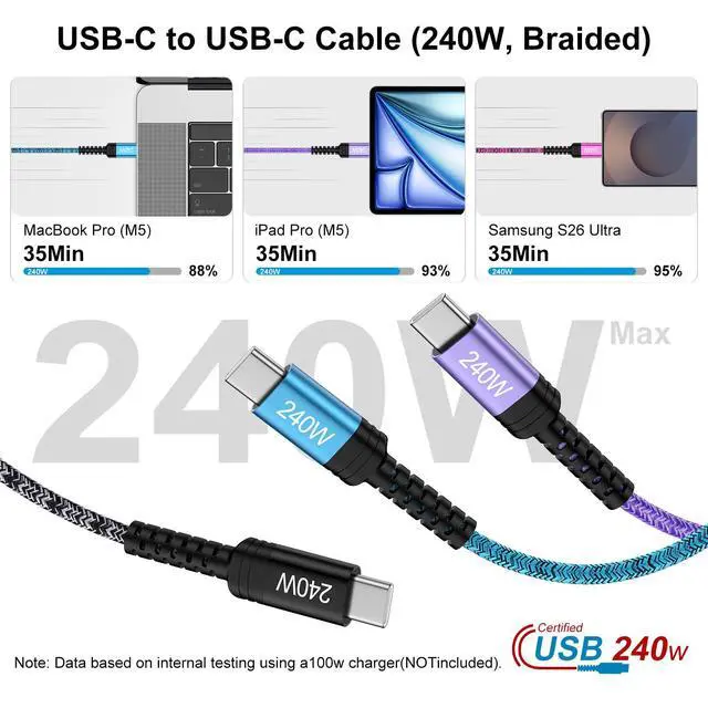 Alt view image 2 of 7 - USB C to USB C Cable, 240W Fast Charging Cord 6FT USB C Cable Type C Charger for Samsung S26 Ultra S25 Edge S25 Plus S25 FE S24 A57 A17 A37 A26 A56 A55,iPhone 17 16 15,iPad Pro,MacBook Pro/Air,CarPlay