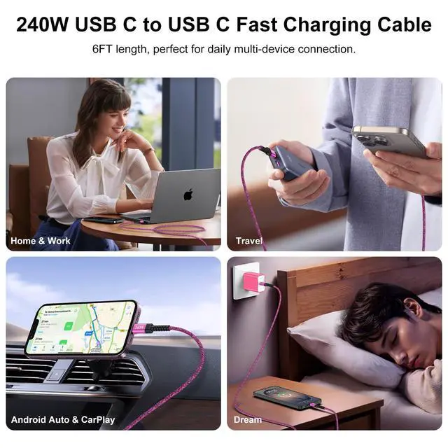 Alt view image 6 of 7 - USB C to USB C Cable, 240W Fast Charging Cord 6FT USB C Cable Type C Charger for Samsung S26 Ultra S25 Edge S25 Plus S25 FE S24 A57 A17 A37 A26 A56 A55,iPhone 17 16 15,iPad Pro,MacBook Pro/Air,CarPlay