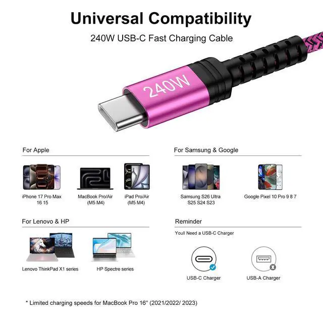 Alt view image 7 of 7 - USB C to USB C Cable, 240W Fast Charging Cord 6FT USB C Cable Type C Charger for Samsung S26 Ultra S25 Edge S25 Plus S25 FE S24 A57 A17 A37 A26 A56 A55,iPhone 17 16 15,iPad Pro,MacBook Pro/Air,CarPlay