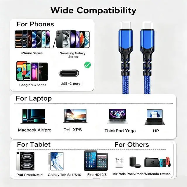 Alt view image 4 of 7 - 100W PD Fast Charging USB C-C Cable 3-Pack 3.3/6.6/10' iPhone 15-17,Blue