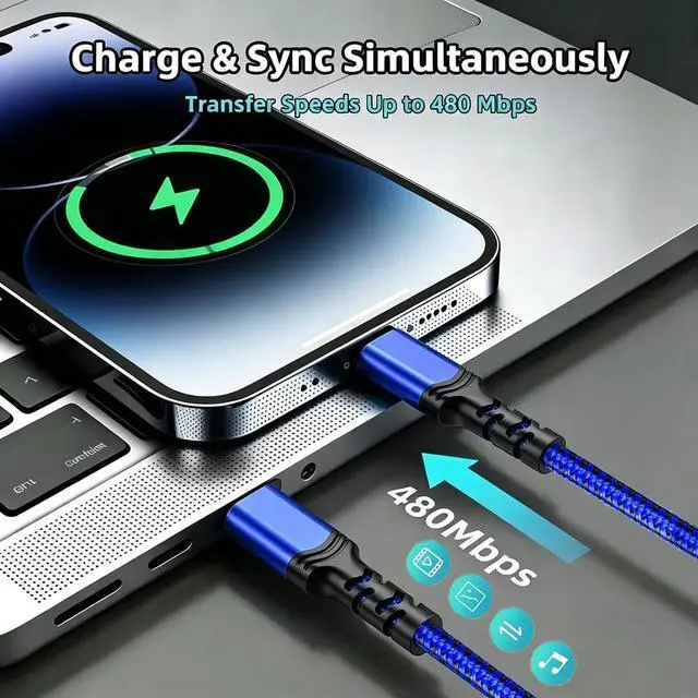 Alt view image 5 of 7 - 100W PD Fast Charging USB C-C Cable 3-Pack 3.3/6.6/10' iPhone 15-17,Blue