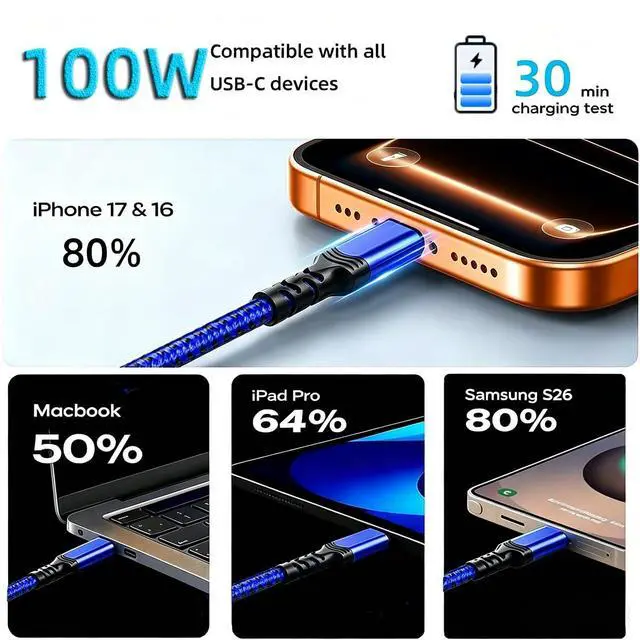 Alt view image 6 of 7 - 100W PD Fast Charging USB C-C Cable 3-Pack 3.3/6.6/10' iPhone 15-17,Blue