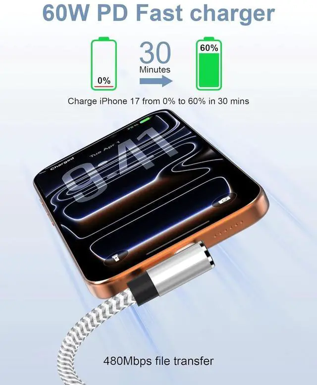 Alt view image 2 of 7 - USB C to USB C Cable, 60W Type C Fast Charging Cable (10 FT, 2Pack), Right Angle Phone Charger for iPhone Air 17/16/15 Series Samsung Galaxy Ultra S25/S24 /S23 Series, Pixel, Switch