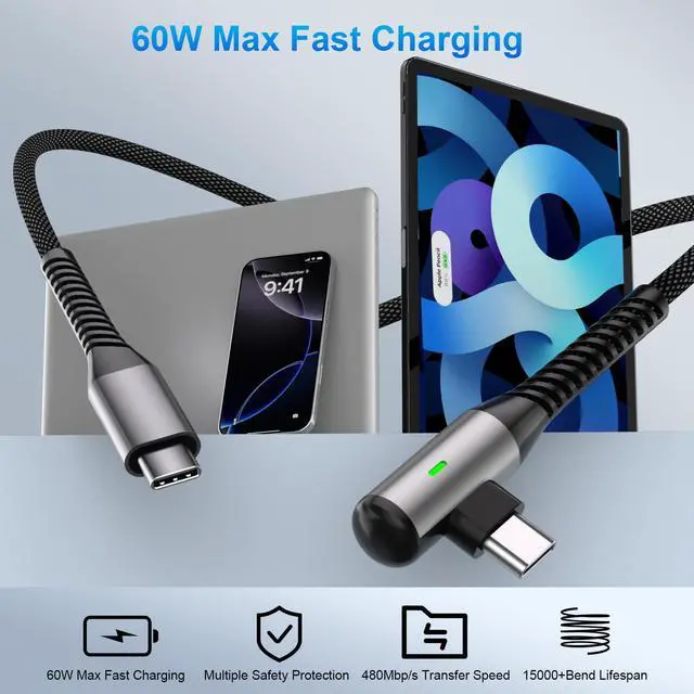 Alt view image 2 of 7 - USB C Cable 16FT Fast Charging 60W Right Angle USB C to Type C Charger Cable 5M Long Braided Data Cord for iPhone 17 16 Pro Max 15/iPad 11 Air/Macbook/Samsung S26 S25 S24 A16 A17/Game Controller,Black