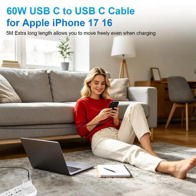 Alt view image 3 of 7 - USB C Cable 16FT Fast Charging 60W Right Angle USB C to Type C Charger Cable 5M Long Braided Data Cord for iPhone 17 16 Pro Max 15/iPad 11 Air/Macbook/Samsung S26 S25 S24 A16 A17/Game Controller,Black