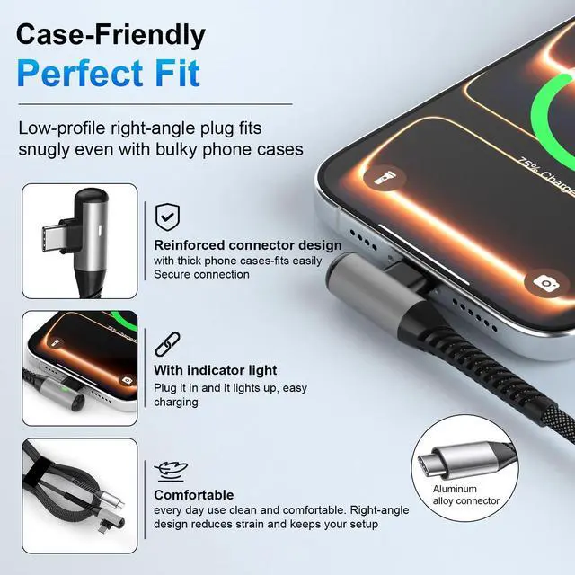 Alt view image 4 of 7 - USB C Cable 16FT Fast Charging 60W Right Angle USB C to Type C Charger Cable 5M Long Braided Data Cord for iPhone 17 16 Pro Max 15/iPad 11 Air/Macbook/Samsung S26 S25 S24 A16 A17/Game Controller,Black