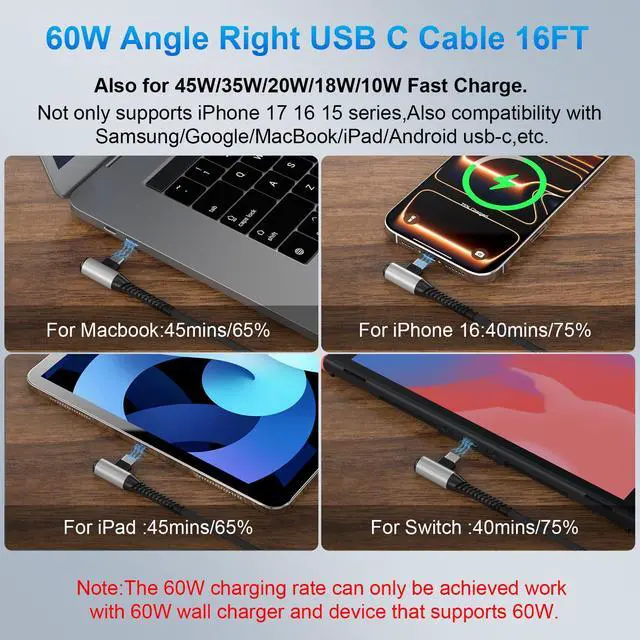 Alt view image 5 of 7 - USB C Cable 16FT Fast Charging 60W Right Angle USB C to Type C Charger Cable 5M Long Braided Data Cord for iPhone 17 16 Pro Max 15/iPad 11 Air/Macbook/Samsung S26 S25 S24 A16 A17/Game Controller,Black