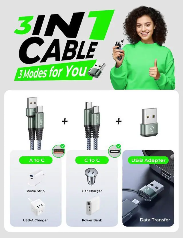 Alt view image 2 of 6 - USB C to USB C Cable, 16 FT USB C Cable Fast Charging with USB to USB C Adapter, 60W USB to USBC Cable for iPhone 17 Pro Max Air Type C Cable for iPhone 16/15/14/13/12, Grey