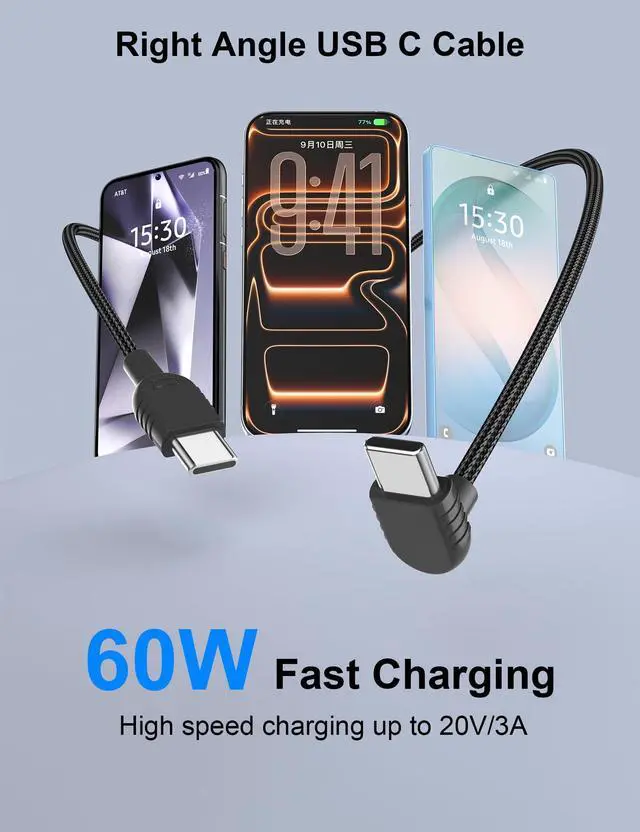 Alt view image 2 of 7 - USB C to USB C Cable 6FT,60W Right Angle Type C Fast Charging Cable for iPhone 17 16 Pro Max 15 Plus 17e 16e/iPad/Samsung S26 S25 S24 Android Phone&Car Chargers Braided 90 Degree USB-C Data Cord,Black