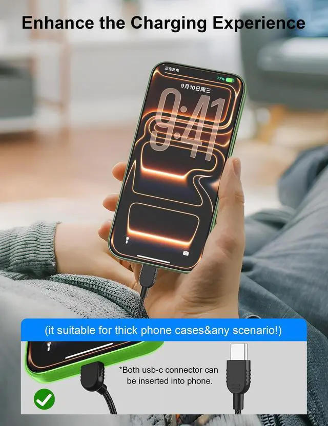 Alt view image 3 of 7 - USB C to USB C Cable 6FT,60W Right Angle Type C Fast Charging Cable for iPhone 17 16 Pro Max 15 Plus 17e 16e/iPad/Samsung S26 S25 S24 Android Phone&Car Chargers Braided 90 Degree USB-C Data Cord,Black