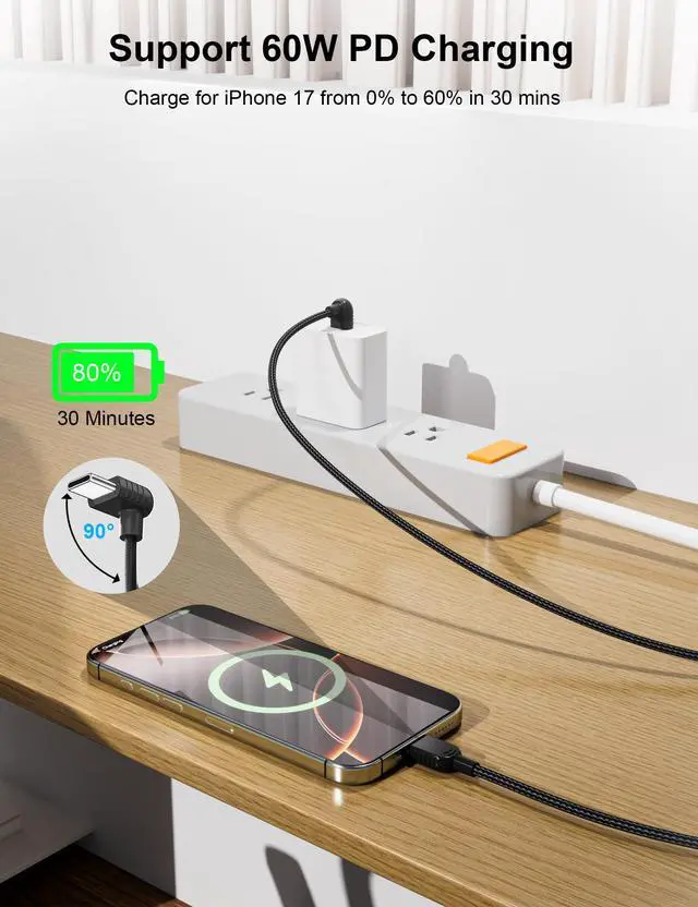 Alt view image 4 of 7 - USB C to USB C Cable 6FT,60W Right Angle Type C Fast Charging Cable for iPhone 17 16 Pro Max 15 Plus 17e 16e/iPad/Samsung S26 S25 S24 Android Phone&Car Chargers Braided 90 Degree USB-C Data Cord,Black