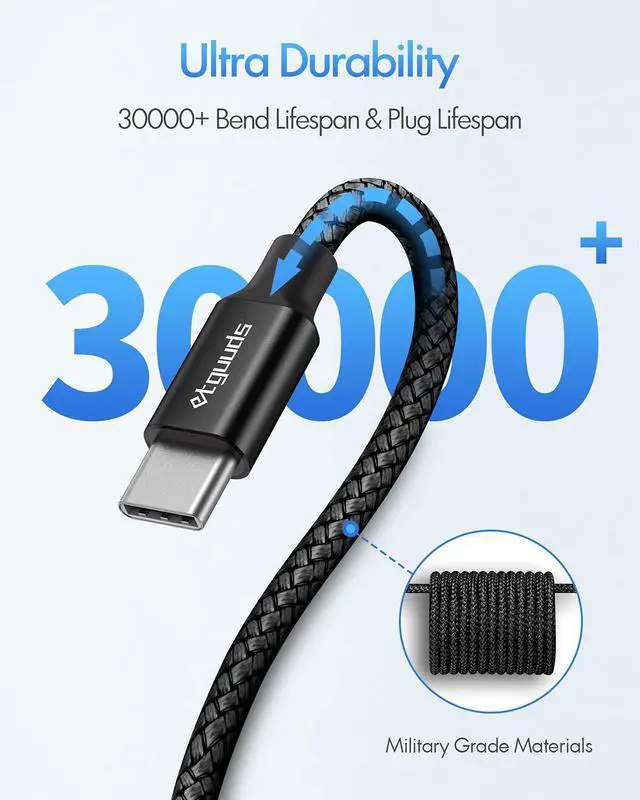 Alt view image 6 of 7 - Extra Long USB-C to USB-C Cable - 16ft/5m PD 60W Fast Charge, Durable Double Braided Nylon Charging Cord 2.0 - Black
