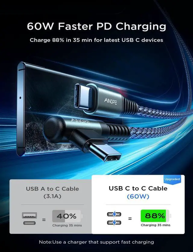 Alt view image 6 of 7 - USB C to USB C Cable 60W, 16.4ft USB Type C Cable Right Angle, Compatible with Samsung Galaxy S21 S20, Note 20 Ultra 10 9 8, MacBook Air/Pro 13'', iPad mini 6/Pro/Air 2020 (16.4FT, Grey)