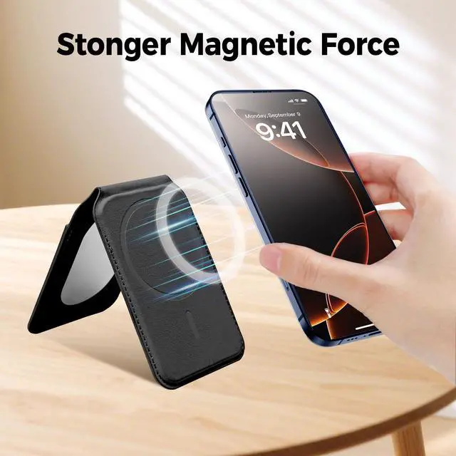 Alt view image 3 of 7 - Magnetic Phone Wallet With Makeup mirror 4 Card Holder with Adjustable Stand,RFID-Blocking Magsafe Wallet for iPhone 17/16/15/14/13/12 Pro Max Series Cases(Black)