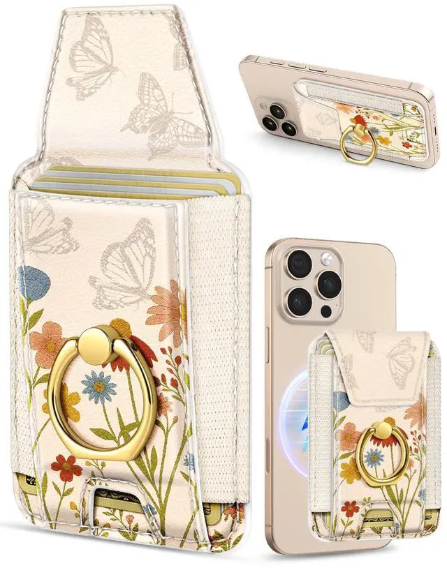 Main image of Compatible with Magsafe Wallet with Ring Stand Grip - Cute Magnetic Phone Wallets Card Holder for iPhone 17/16/15/14/13/12 Series for Women Girls Retro Wildflowers Design, Fit 7 Cards
