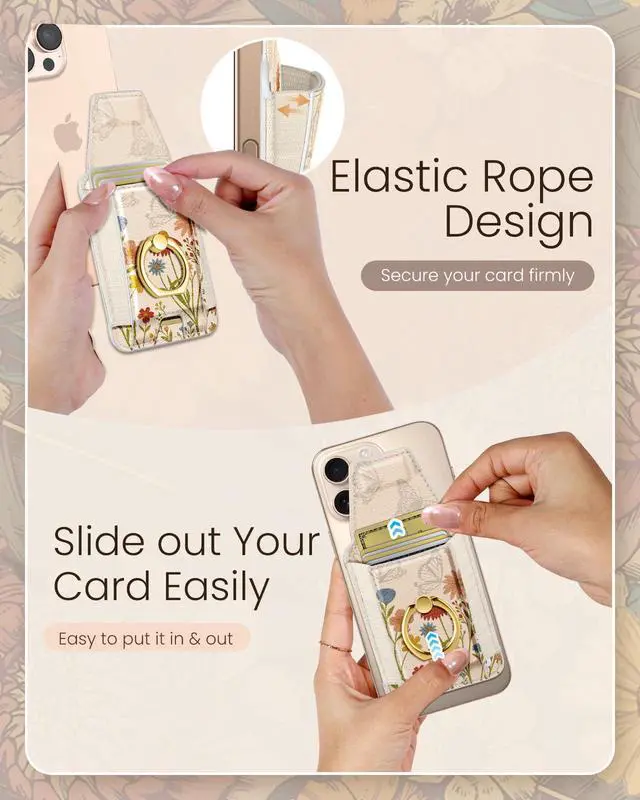 Alt view image 4 of 6 - Compatible with Magsafe Wallet with Ring Stand Grip - Cute Magnetic Phone Wallets Card Holder for iPhone 17/16/15/14/13/12 Series for Women Girls Retro Wildflowers Design, Fit 7 Cards