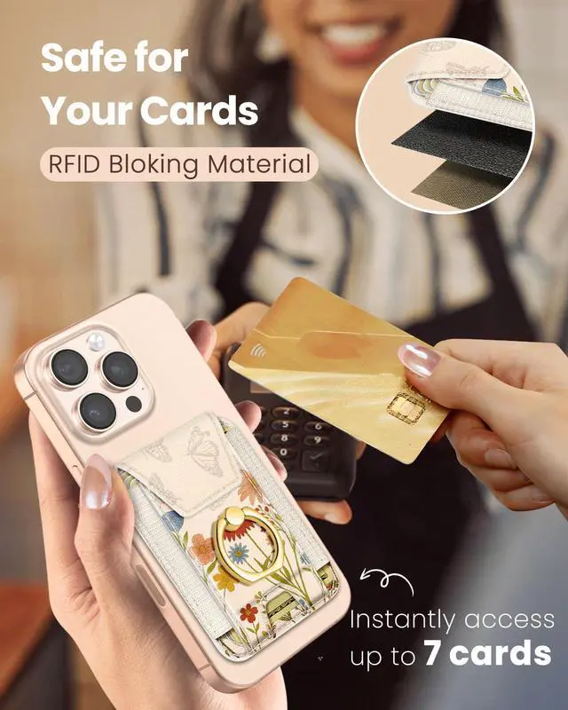 Alt view image 5 of 6 - Compatible with Magsafe Wallet with Ring Stand Grip - Cute Magnetic Phone Wallets Card Holder for iPhone 17/16/15/14/13/12 Series for Women Girls Retro Wildflowers Design, Fit 7 Cards