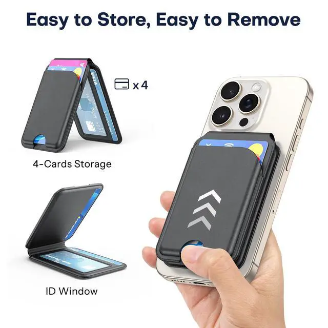 Alt view image 2 of 7 - for MagSafe Wallet, 4 Card Holder Magnetic Phone Wallet with Stand, Premium Leather for iPhone 17/16/15/14/13/12 Series (Black)