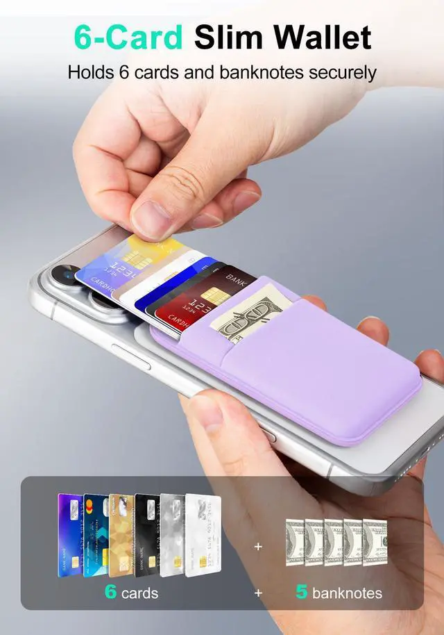 Alt view image 2 of 7 - Magnet Wallet, 6 Cards Holder, Slim Stretchy Phone Wallet Magnetic for Back of Phone Compatible for iPhone 17/16/15/14/13/12 Pro Max Plus Air Series, Selected Samsung, Light Purple