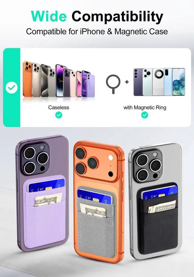 Alt view image 6 of 7 - Magnet Wallet, 6 Cards Holder, Slim Stretchy Phone Wallet Magnetic for Back of Phone Compatible for iPhone 17/16/15/14/13/12 Pro Max Plus Air Series, Selected Samsung, Light Purple