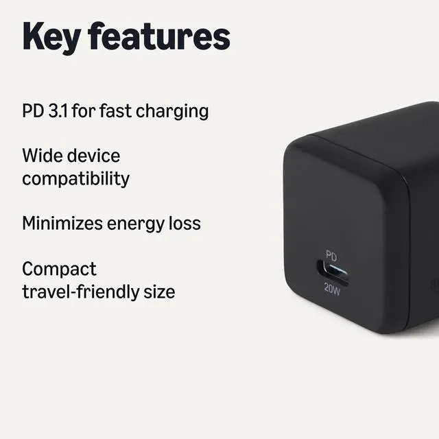 Alt view image 2 of 5 - 20W Fast Charging USB-C Nano GaN Wall Charger, 1-Port PD 3.1, Compact Travel-Friendly, Wide Compatibility for iPhone, Tablets, Phones, Black