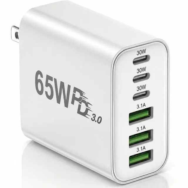 Main image of USB C Charger Block, 65W 6-Port Fast Charging Adapter with Gallium Nitride, Power Delivery and Quick Charge for Smartphones, Tablets and USB-C Devices (1Pack_65W)